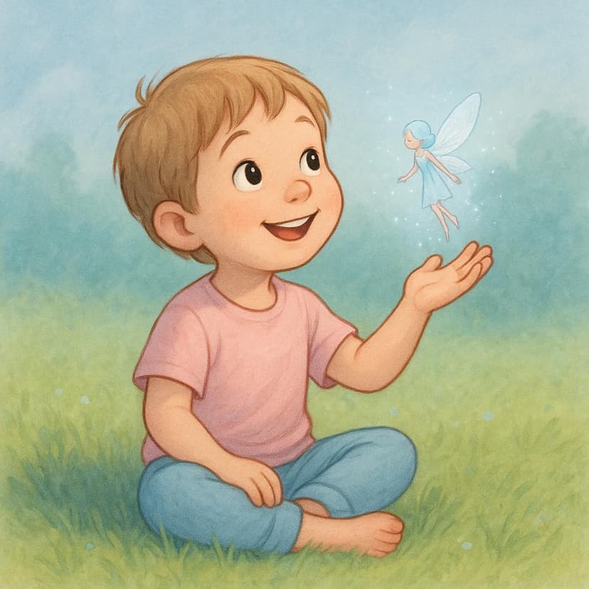A small child sitting on the floor, looking up with genuine conviction at a tiny, shimmering fairy floating just above their hand, representing a deep, long-held belief.