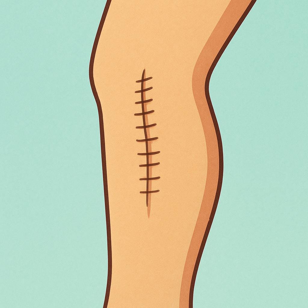 A close-up view of a leg wearing sheer tan hosiery with a distinct, vertical ladder-like tear or 'run' visible on the stocking.