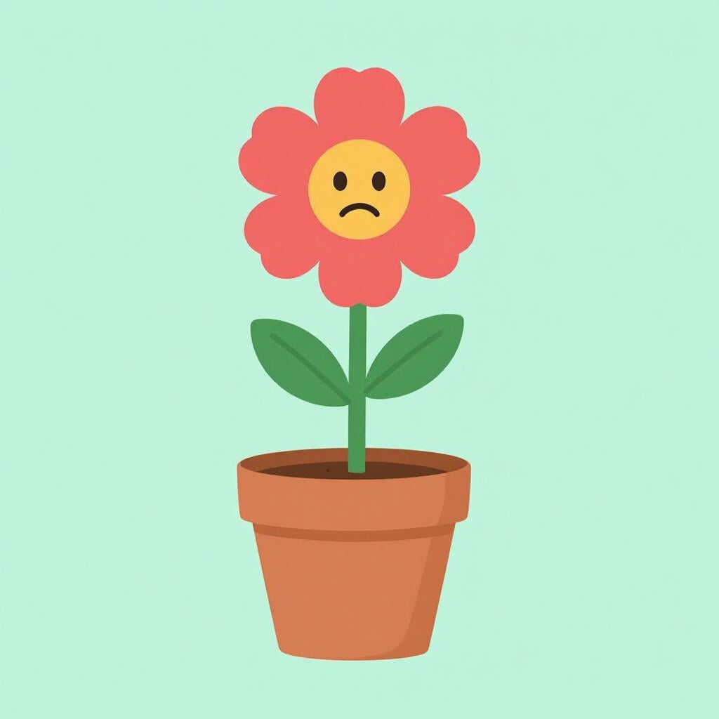 A single wilted flower with a drooping head in a small pot.