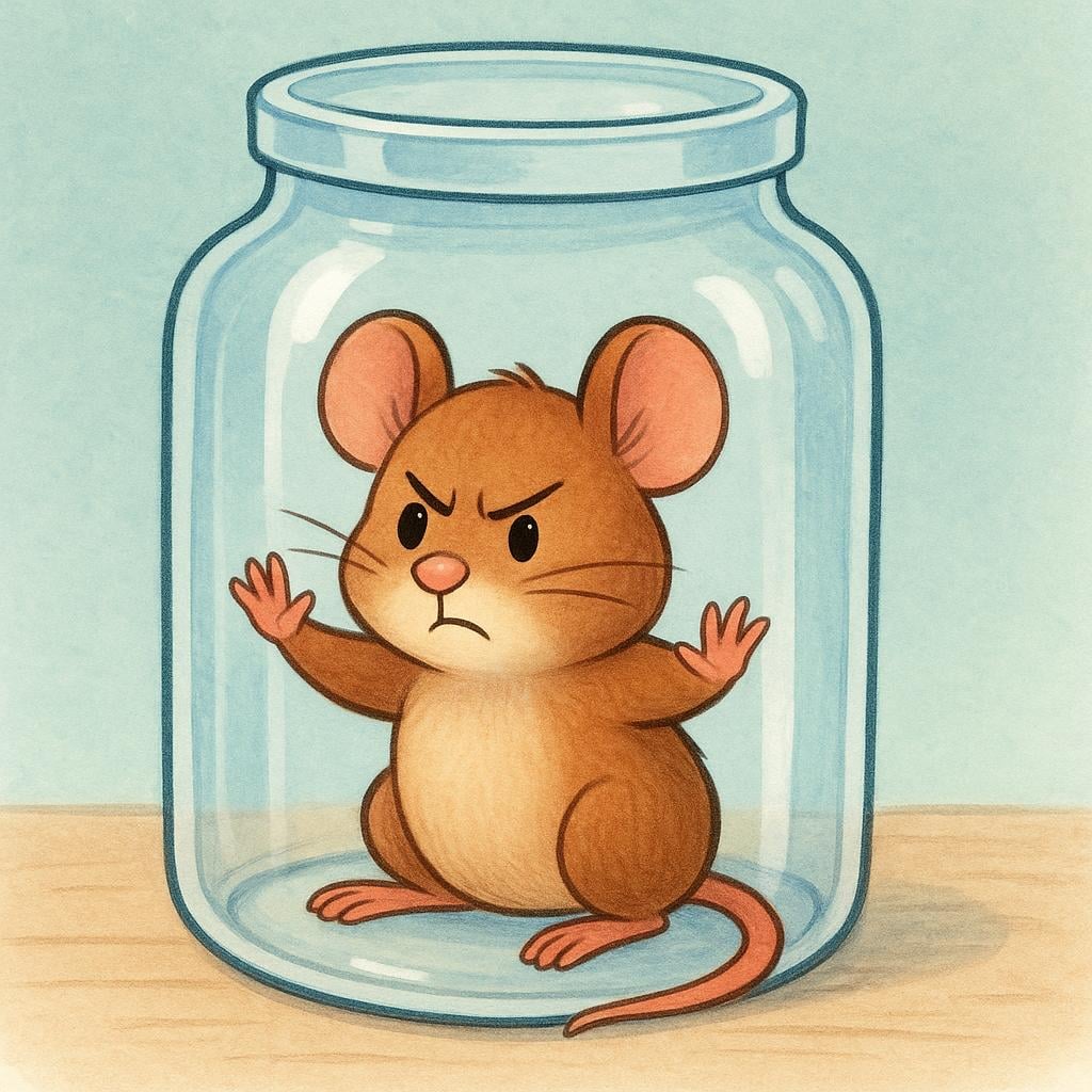 A tiny brown mouse is physically trapped inside a clear glass jar, looking frustrated and unable to escape.