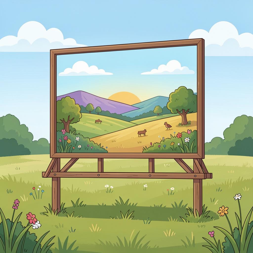 A large colorful sign board standing on a metal frame in an open field.