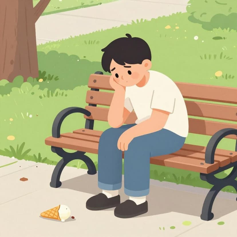 Une personne assise sur un banc en bois, la tête entre les mains, regardant un cornet de glace renversé par terre.