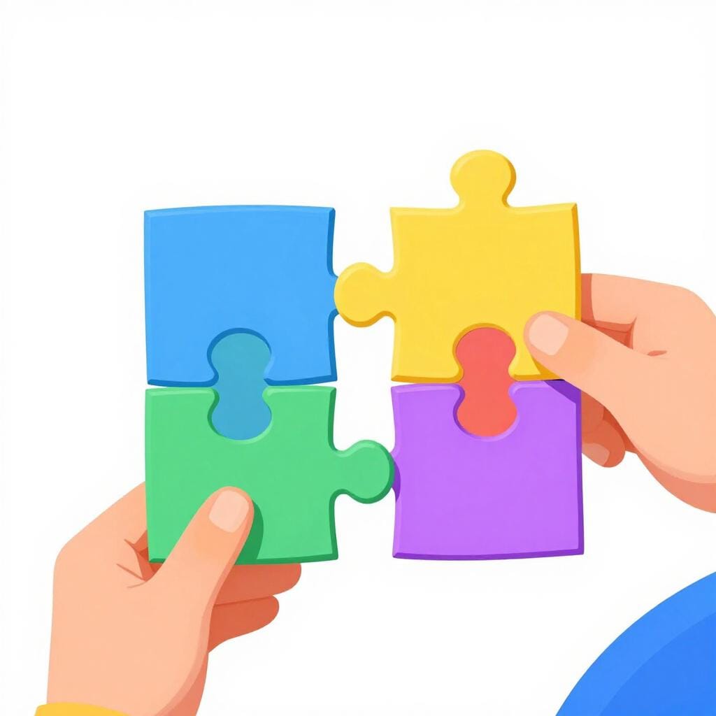 Een persoon die twee verschillende puzzelstukjes vasthoudt en zoekt naar een manier om ze te verbinden.