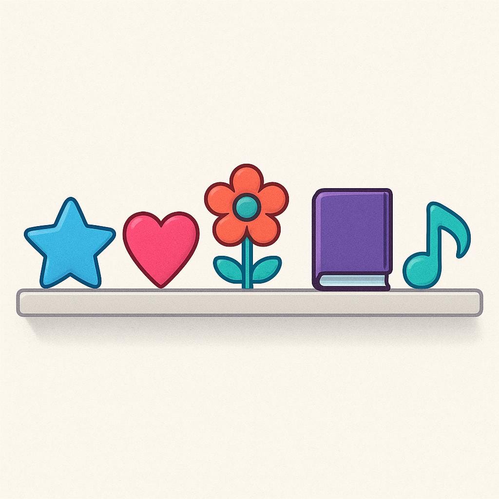 A small, organized collection of five distinct, highly treasured items, such as a star, a heart, a flower, a book, and a musical note, arranged neatly.