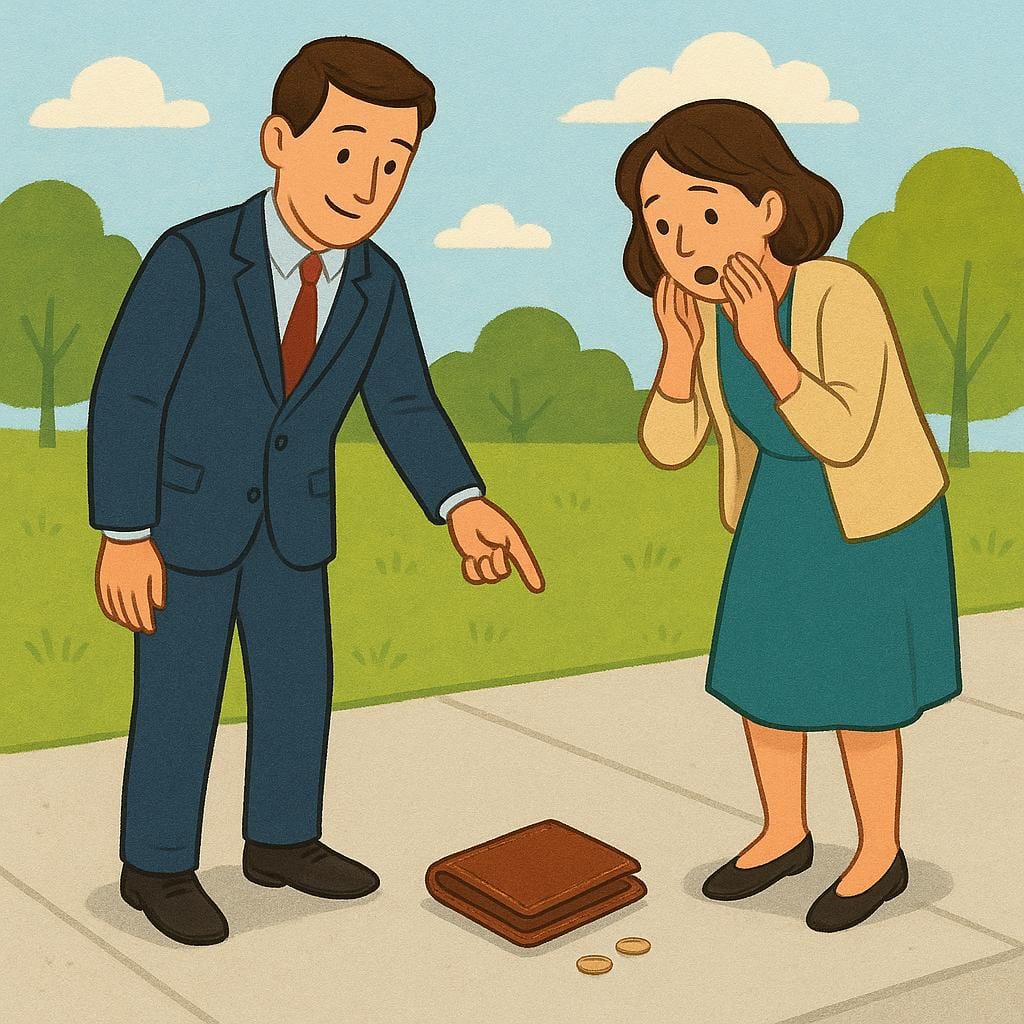 A well-dressed adult pointing politely at a wallet dropped on the sidewalk. Another adult is turning their head to look exactly where the first person is pointing.