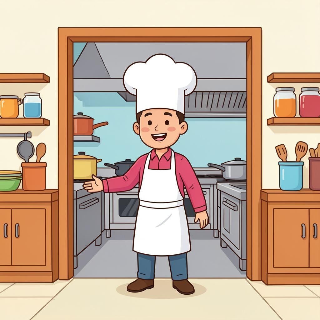 A person in a chef's uniform being welcomed into a bright kitchen by another chef.