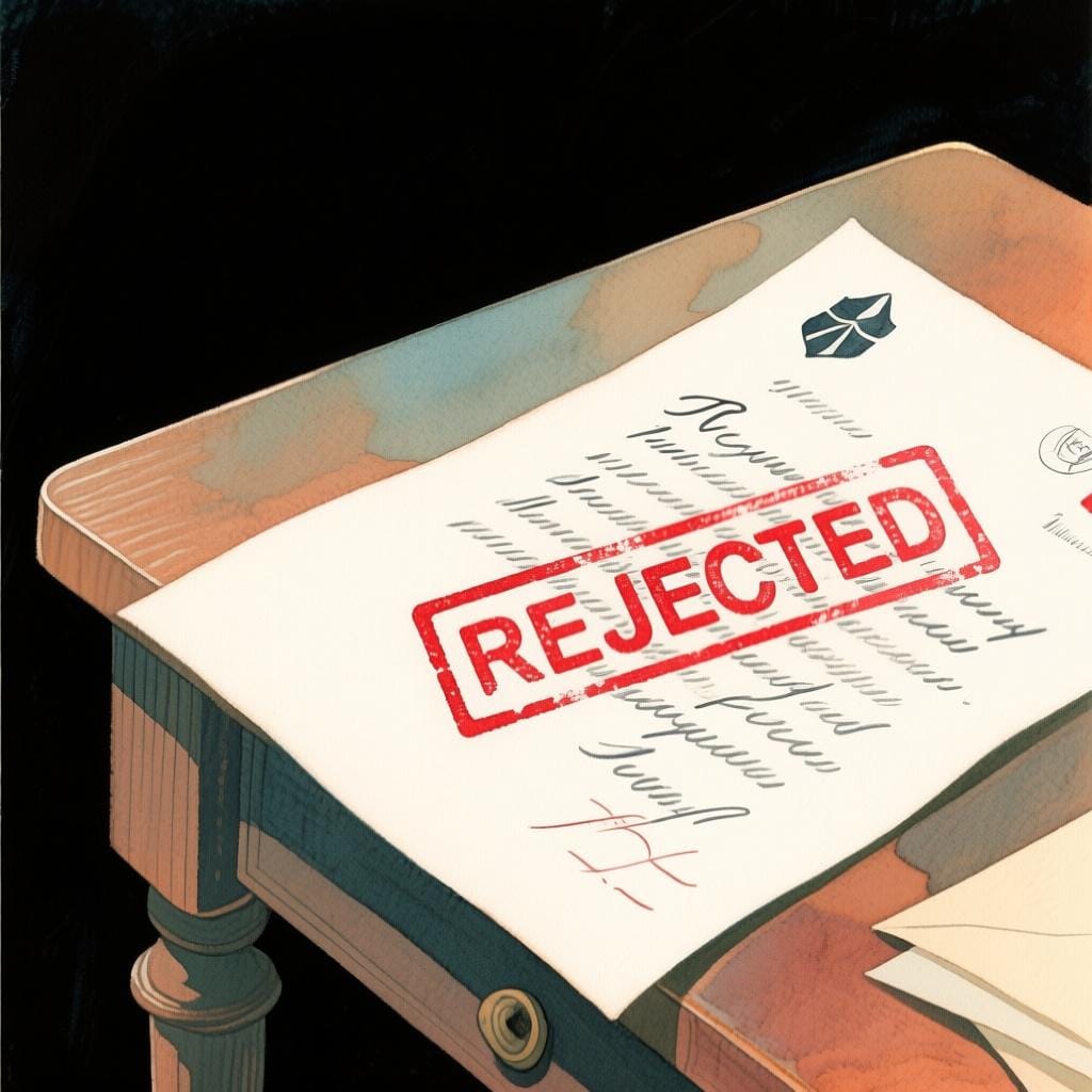 Ein formelles Schreiben mit einem großen roten Stempel 'ABGELEHNT', der eine Verweigerung oder ein 'Nein' darstellt.