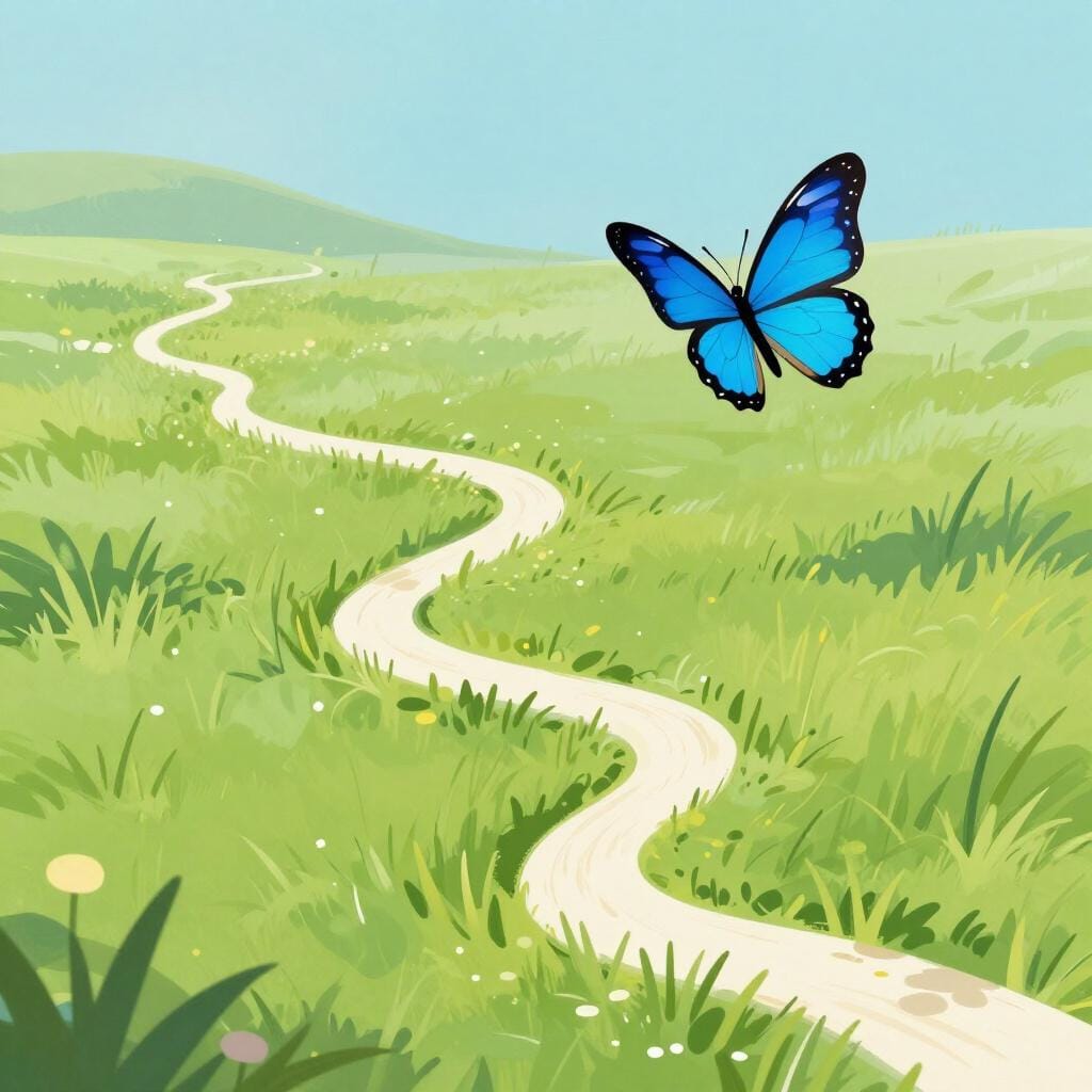 A colorful butterfly flying up and down in a wavy path through the air.
