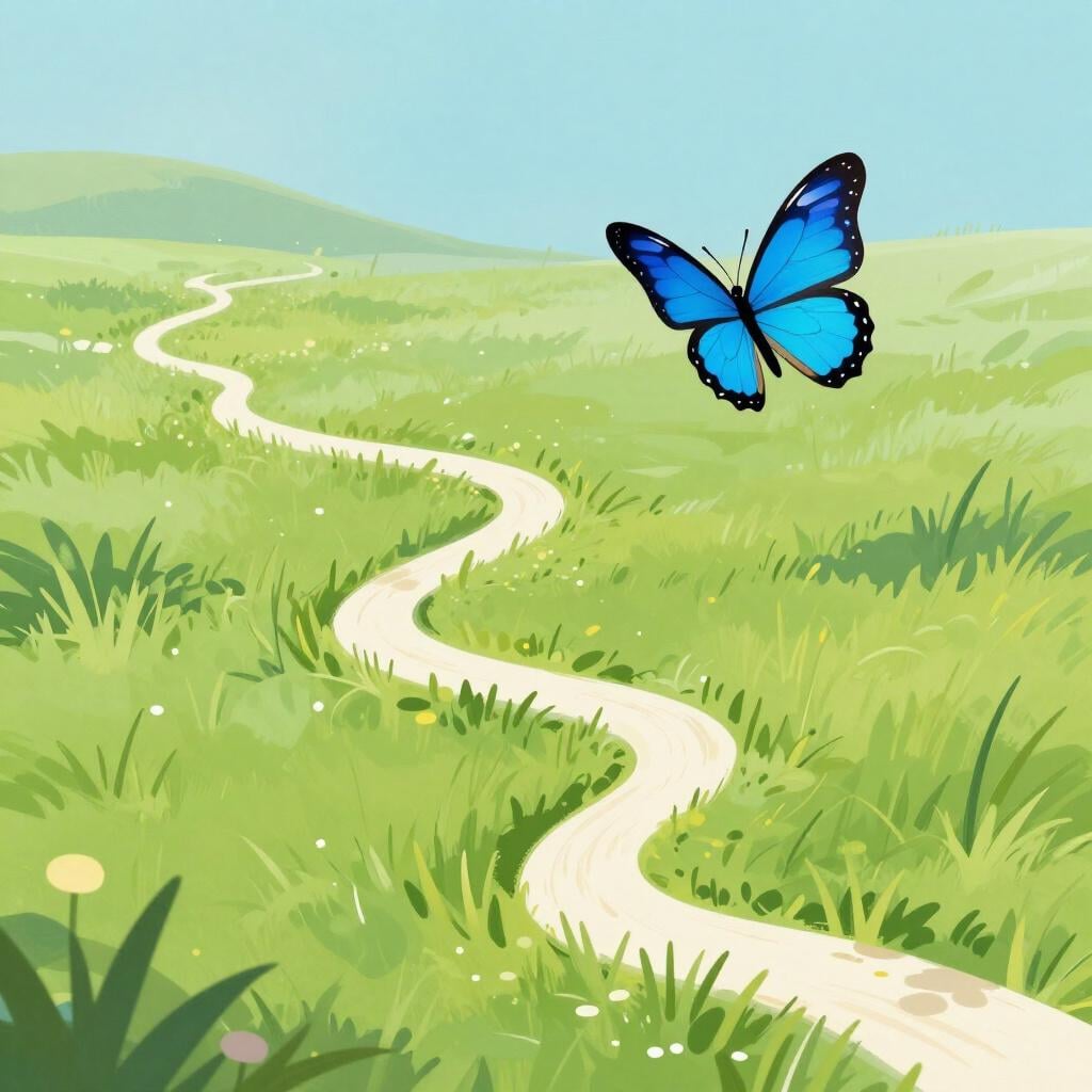 A colorful butterfly flying up and down in a wavy path through the air.