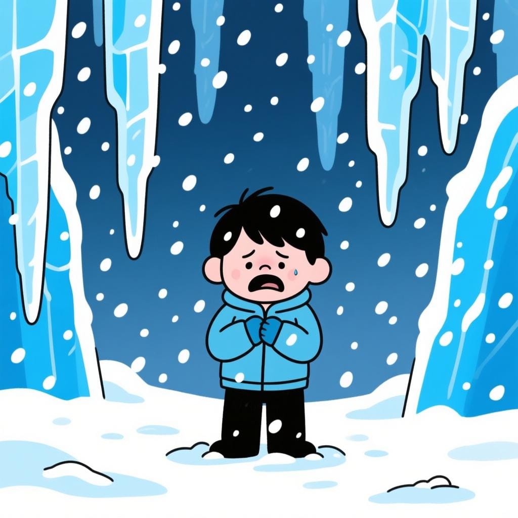 激しい吹雪の中で青い雪に覆われた小さな漫画のキャラクターが激しく震えており、極度の寒さと苦痛を強調している。
