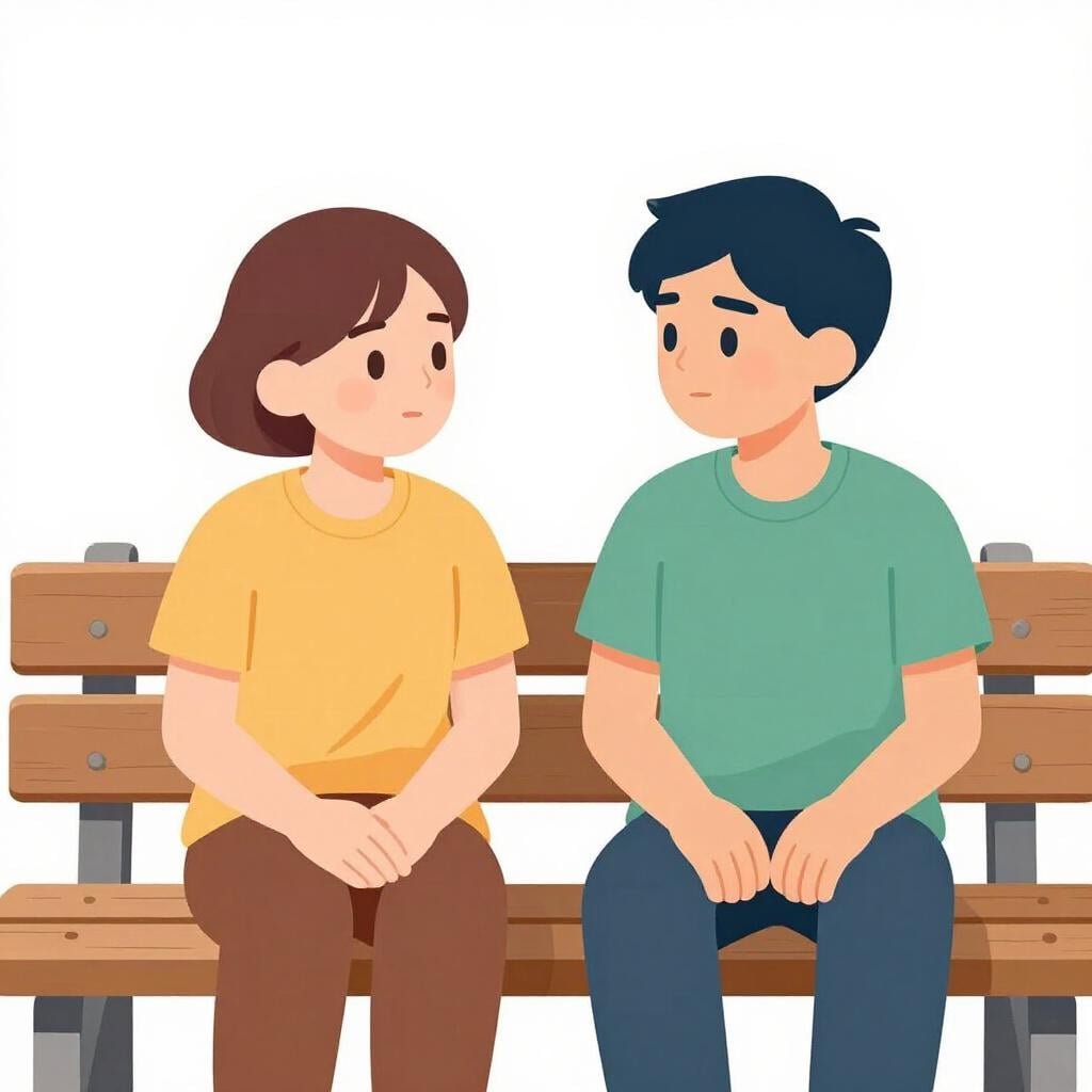 Two simple, colorful figures sitting on a bench, leaning their heads close together, deeply focused on an important, whispered conversation.