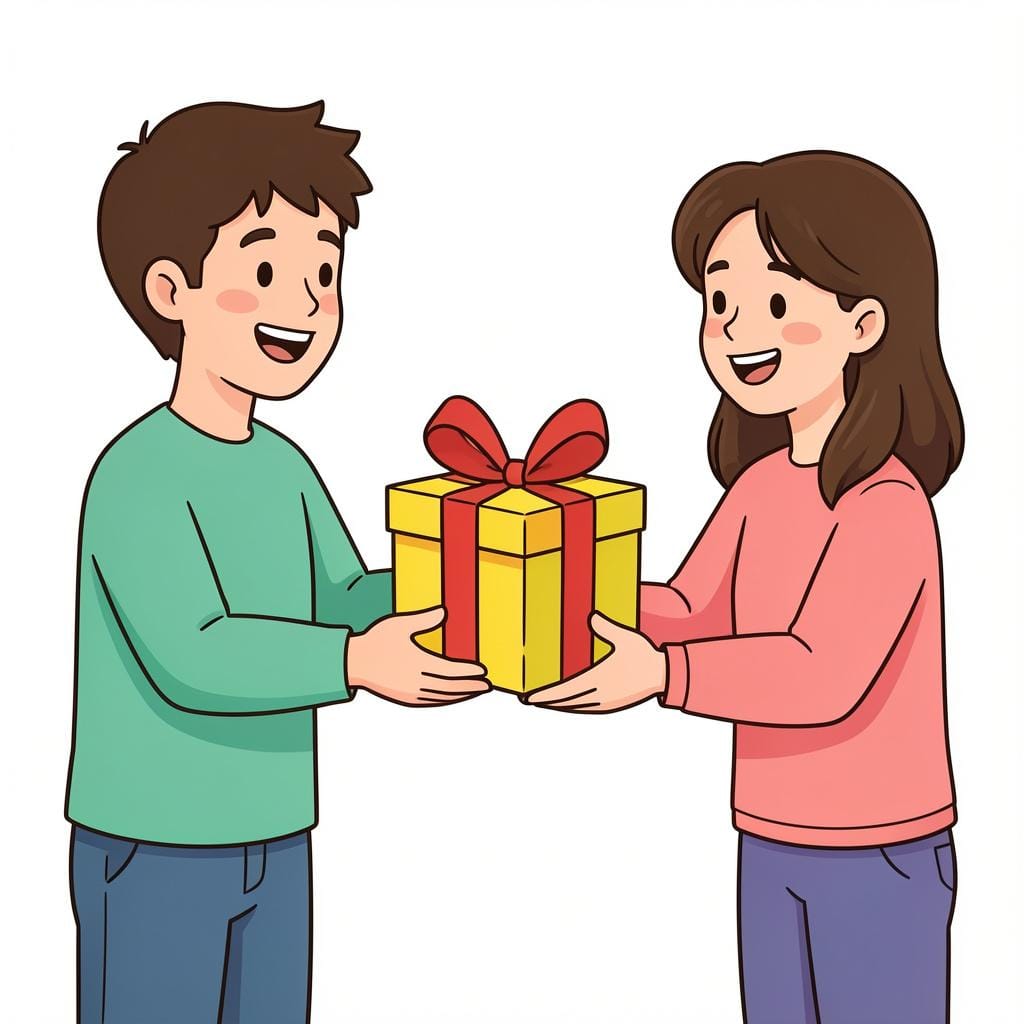 한 사람이 다른 사람에게 화려한 선물 상자를 건네주고 있고, 받는 사람은 미소를 지으며 자신을 가리키고 있는 모습.
