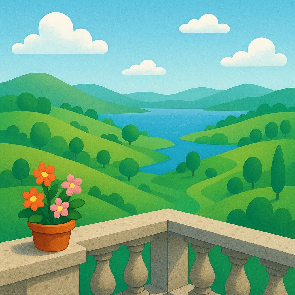 A wide landscape view of rolling green hills and a blue lake from a high balcony.