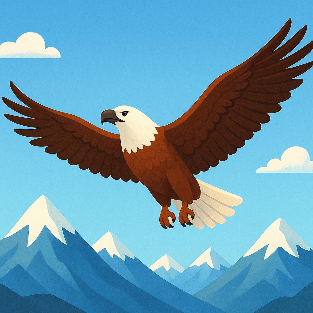 A majestic brown and white eagle soaring high above mountains, wings fully extended.