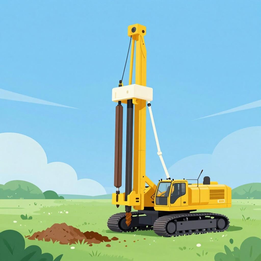 A large yellow industrial drill rig standing in a wide open field.