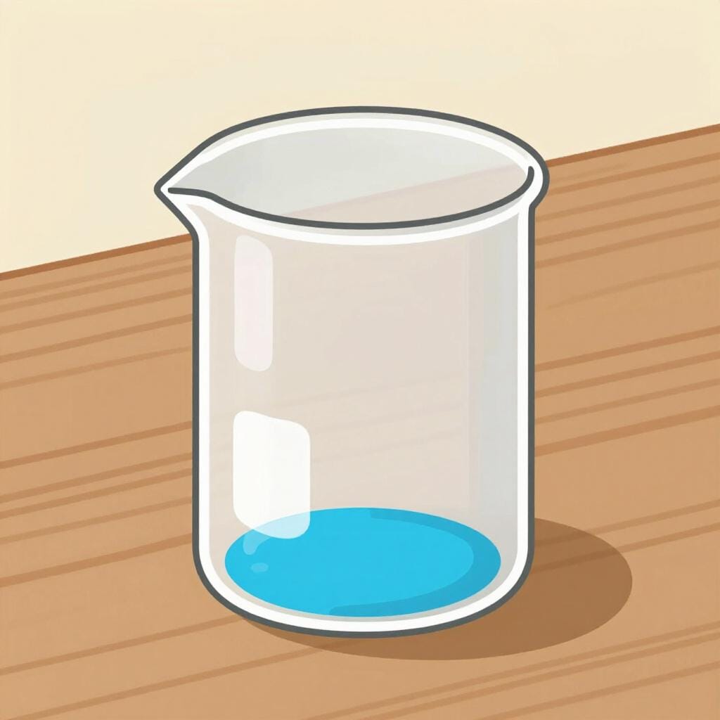 A few small droplets and a thin colorful film at the bottom of a glass beaker.