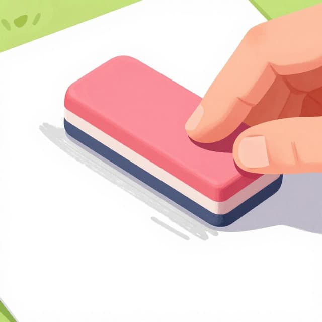 A hand using a pink eraser to remove a pencil mark from a piece of paper, leaving a clean white space.