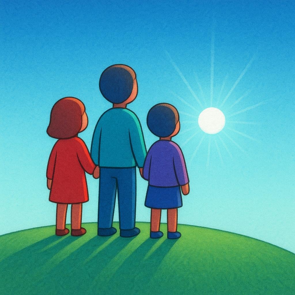 A group of three simple figures standing on a hill, looking into the distance at a beautiful, brightly shining object on the horizon, depicting shared successful viewing.