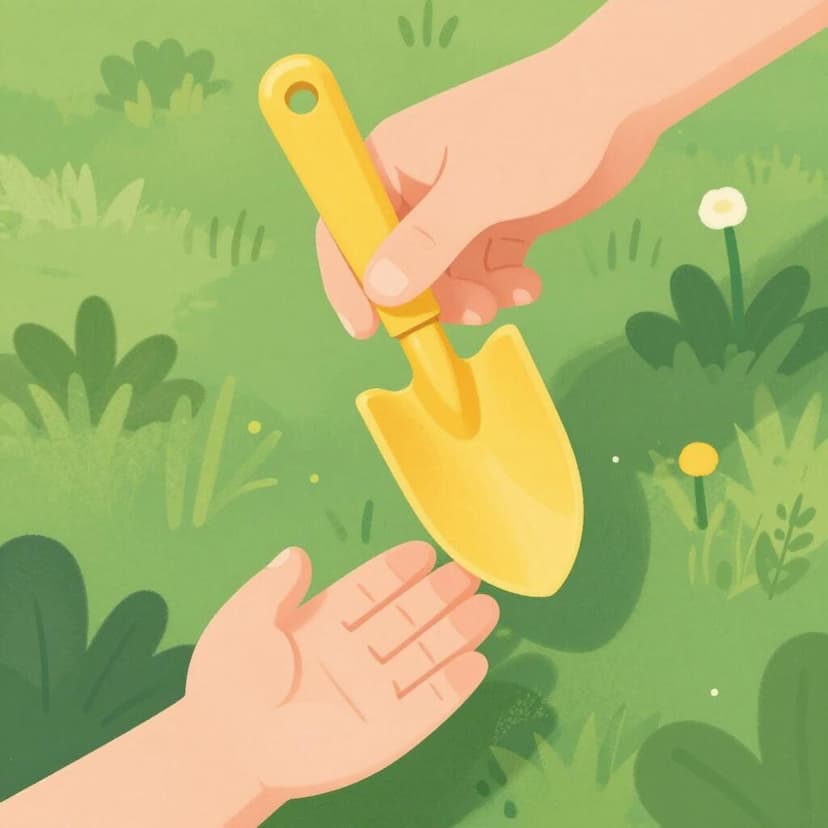 A hand handing a small gardening shovel to a child.