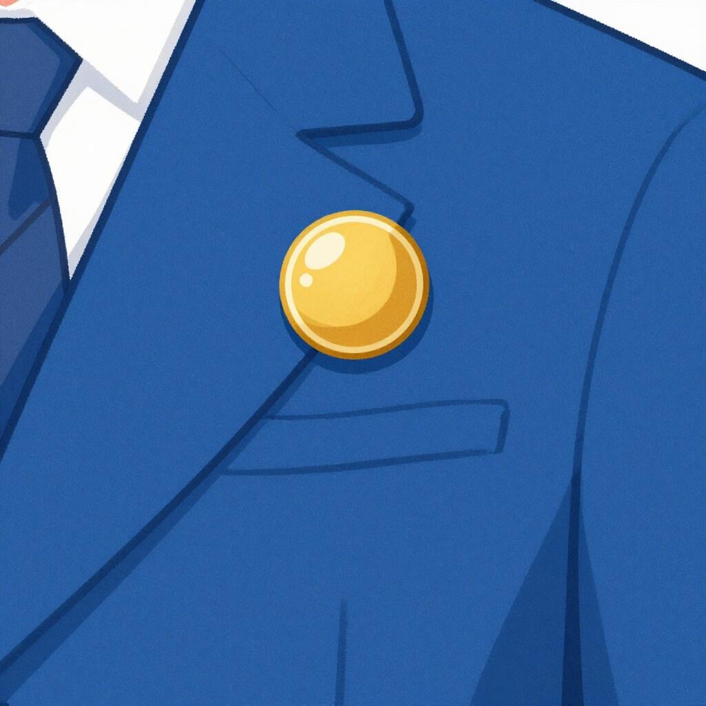 Una piccola spilla decorativa dorata che viene fissata al bavero di una giacca blu.