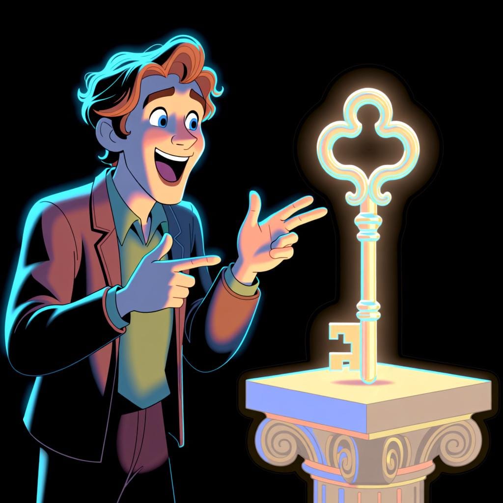 A person gesturing with open hands towards a key on a pedestal, as if presenting it with importance.