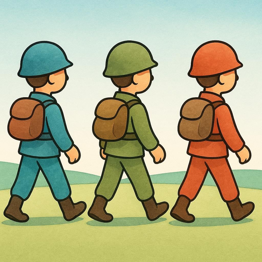 Three simple, stylized soldiers marching in a straight line away from the viewer across a plain landscape, illustrating a military retreat or organized withdrawal.