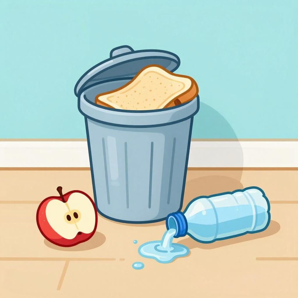 An apple core and half-eaten food sitting in a trash can while a full water bottle spills onto the ground.