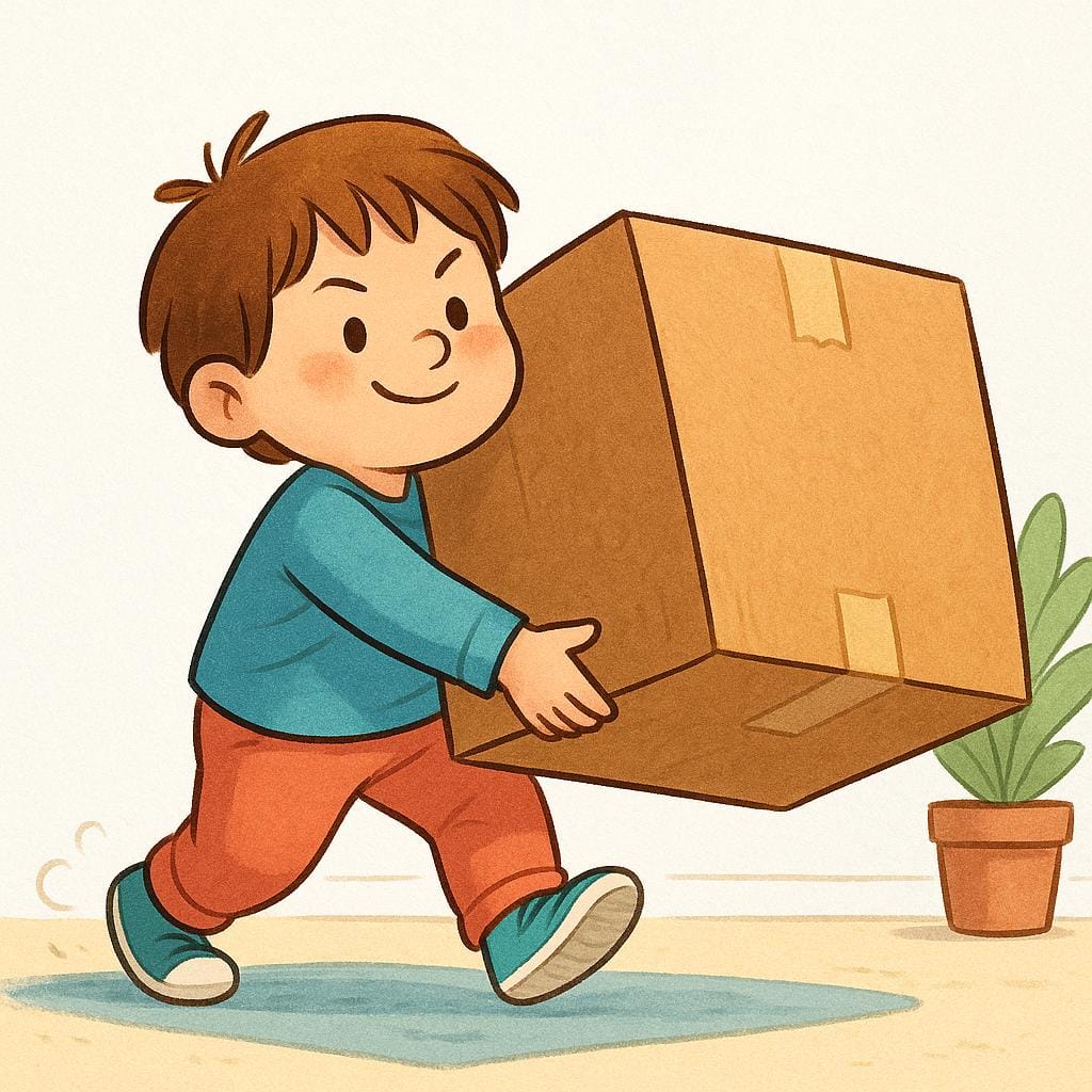 A small child struggling slightly while carrying a large, brown cardboard box.