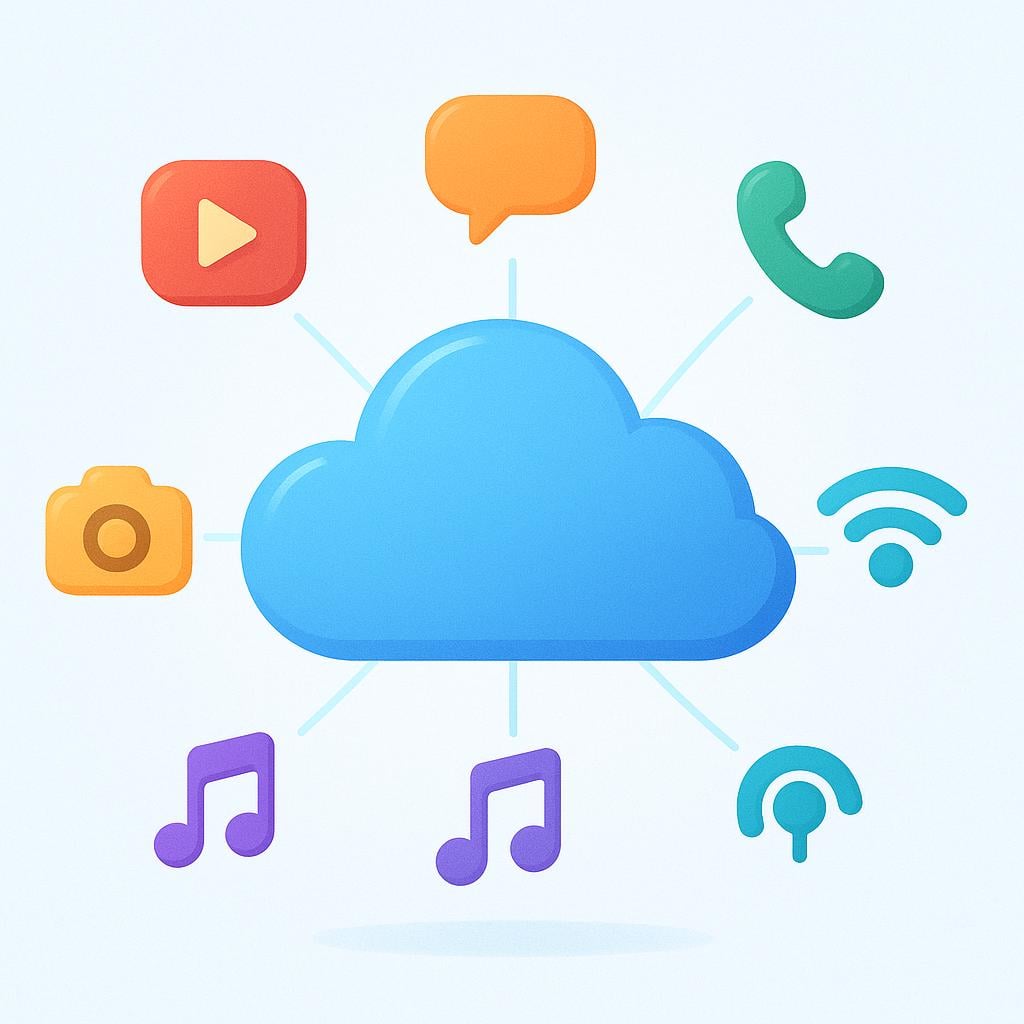 A stylized, floating blue cloud shape connected by glowing lines to several small, simple icons representing different services like video and music, symbolizing a digital platform.