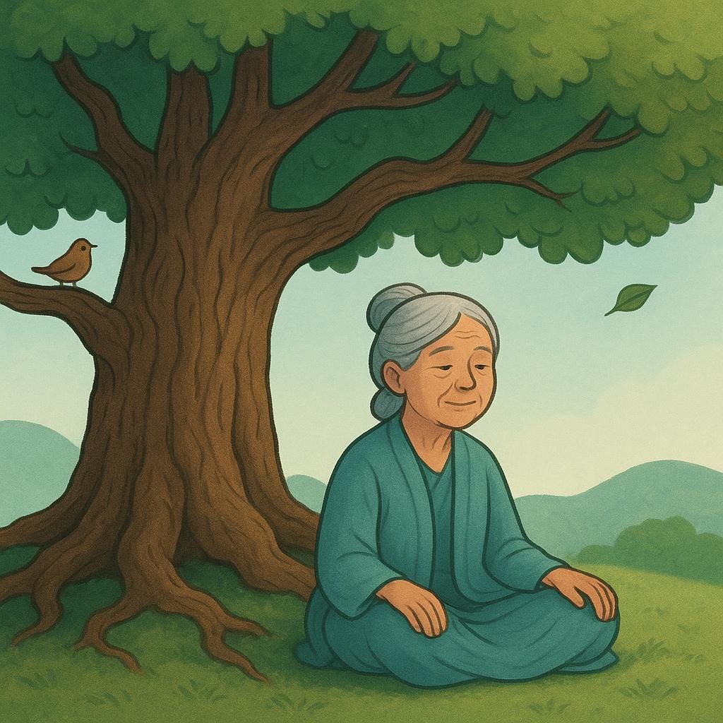 Eine einfache Illustration einer gelassenen, älteren Person mit einem freundlichen Ausdruck, die still unter einem großen, alten Eichenbaum sitzt und tiefe Einsicht und Erfahrung symbolisiert.