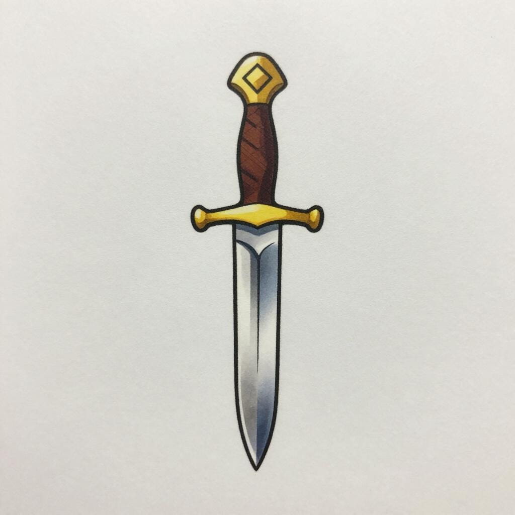 Un piccolo pugnale ornato con una lama d'acciaio a doppio taglio e un'elsa d'oro poggiato su un tavolo di legno.