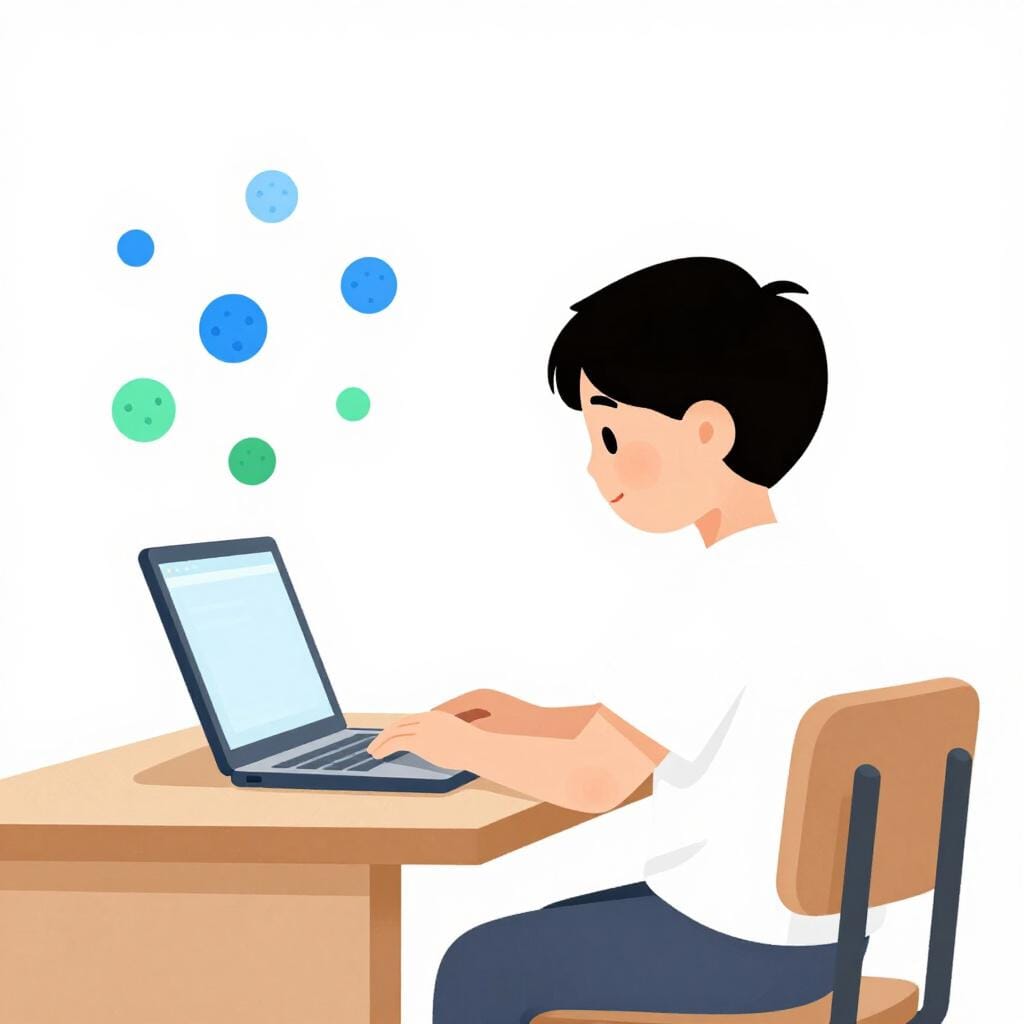 Um estudante amigável sentado a uma secretária com um portátil brilhante, rodeado por ícones flutuantes de código binário.