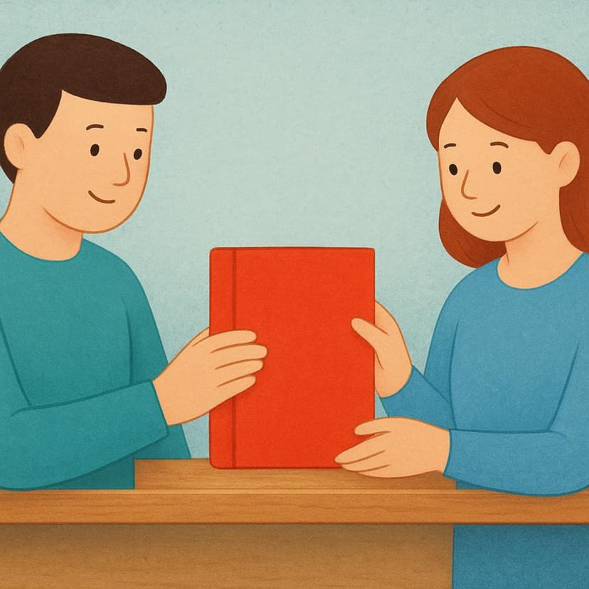 Two simplified figures, representing 'we', collaboratively placing a bright red book onto a wooden shelf, illustrating physical placement.