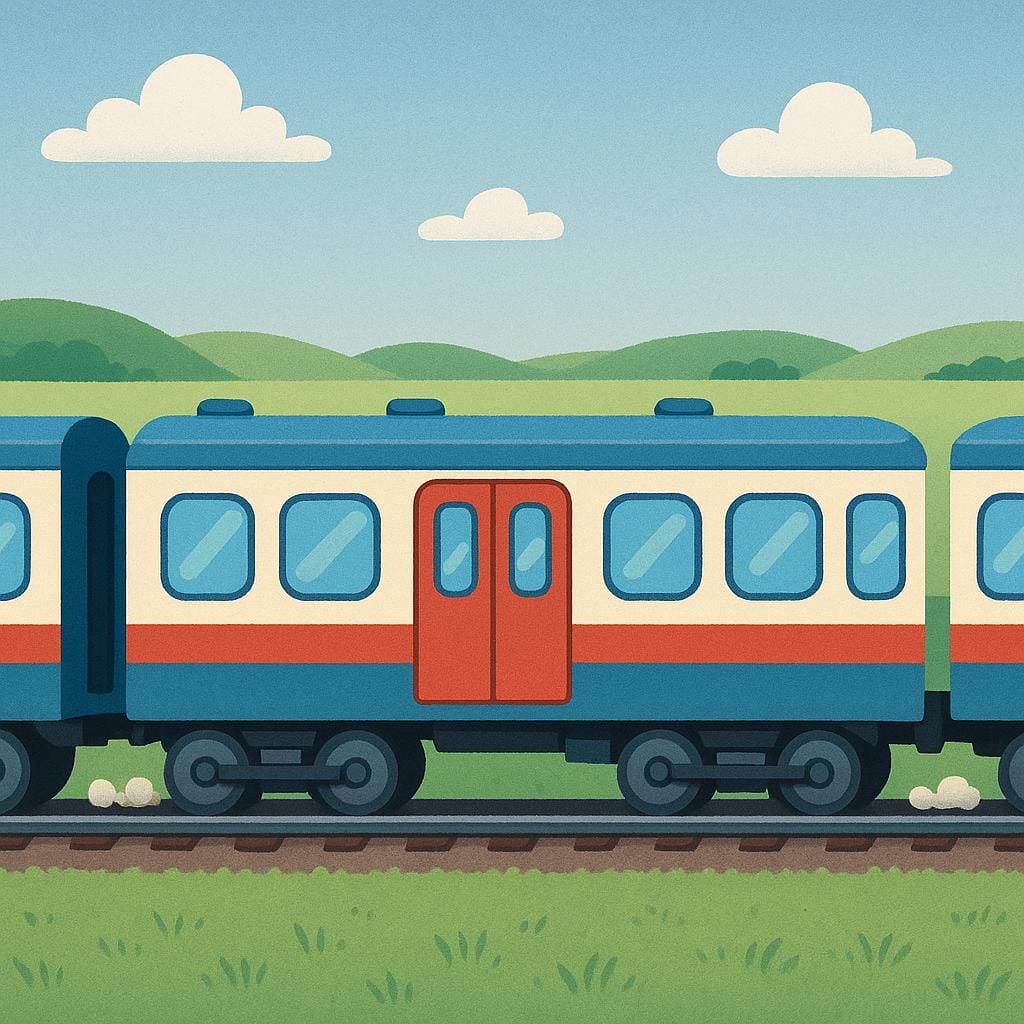 A simple illustration showing three connected sections of a passenger train moving along tracks.