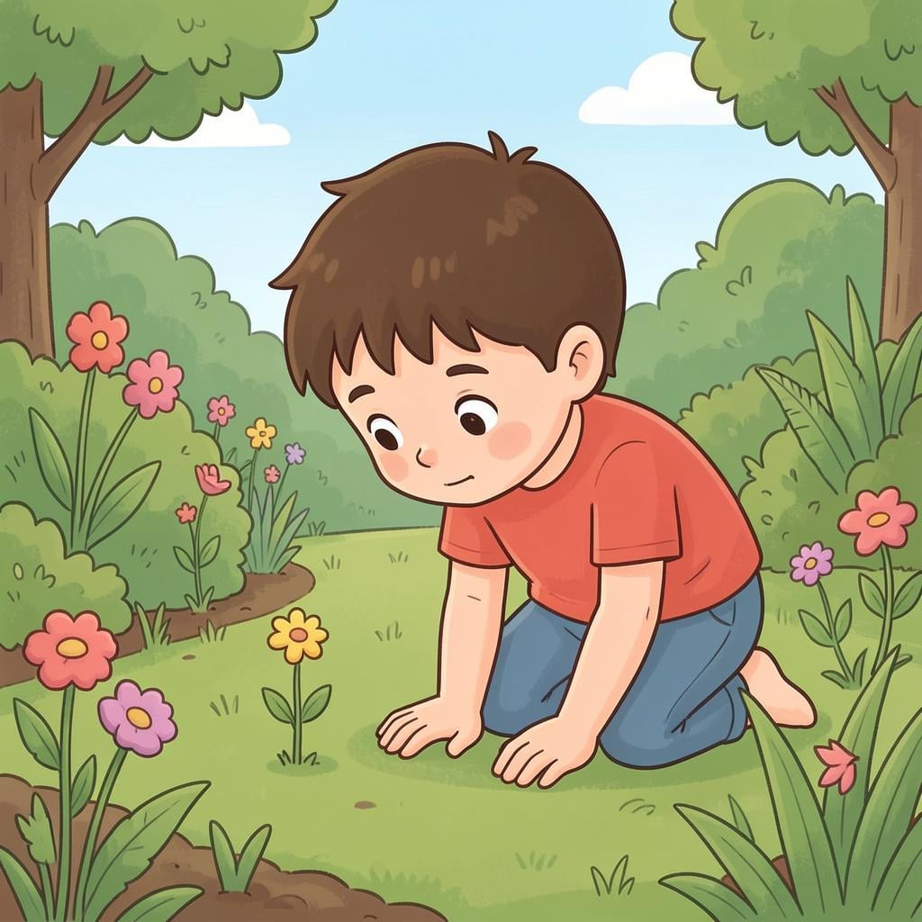 A child looking closely at a single small flower in a garden.