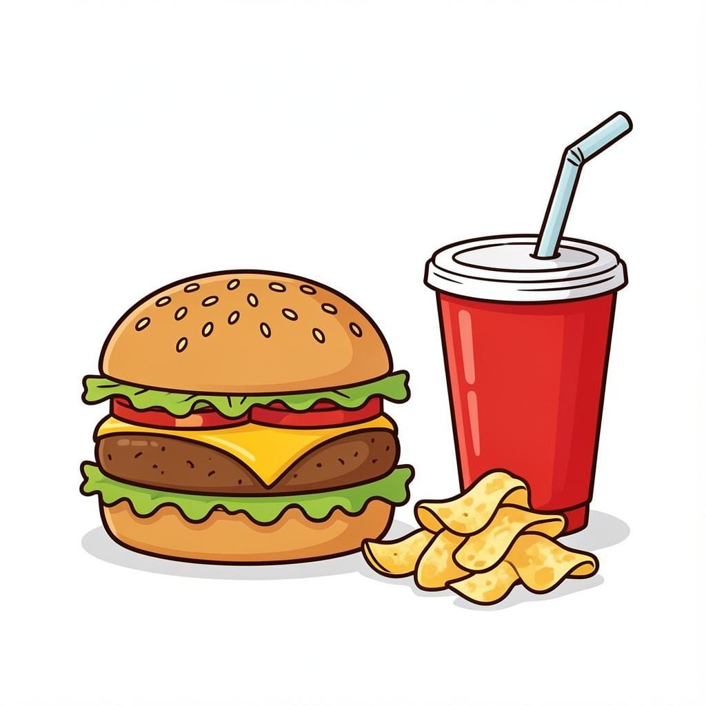 A colorful burger, a bag of salty snacks, and a bright red soda cup.