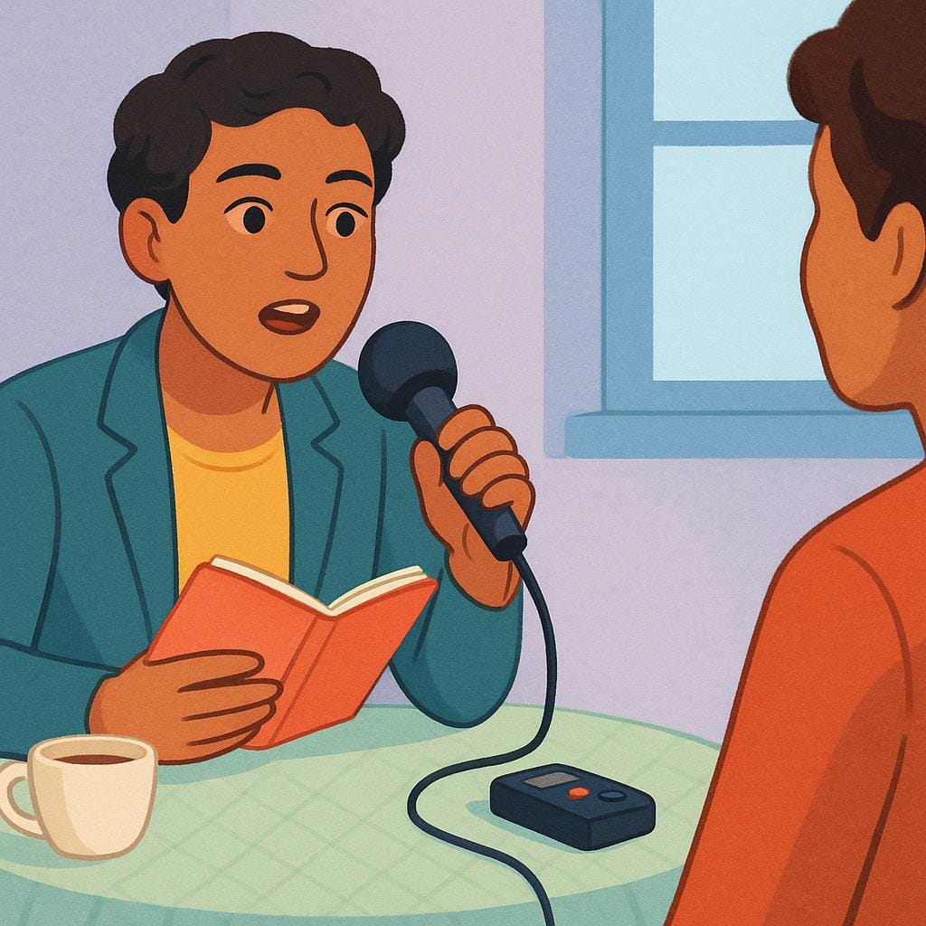 A single person, representing 'you,' actively questioning another person while holding a microphone and notebook, performing the act of interviewing.