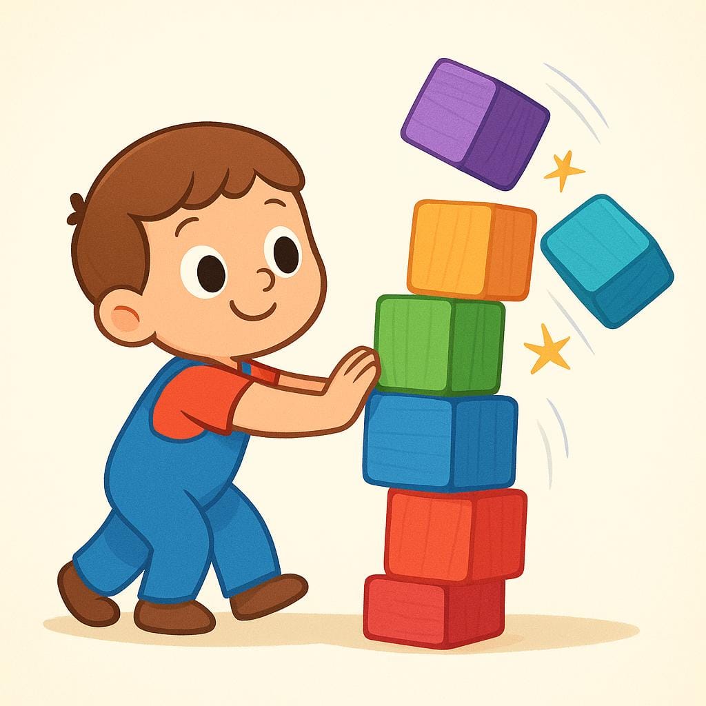 Uma figura de desenho animado alegre é mostrada empurrando ativamente uma torre alta de blocos de madeira coloridos, fazendo-os tombar.