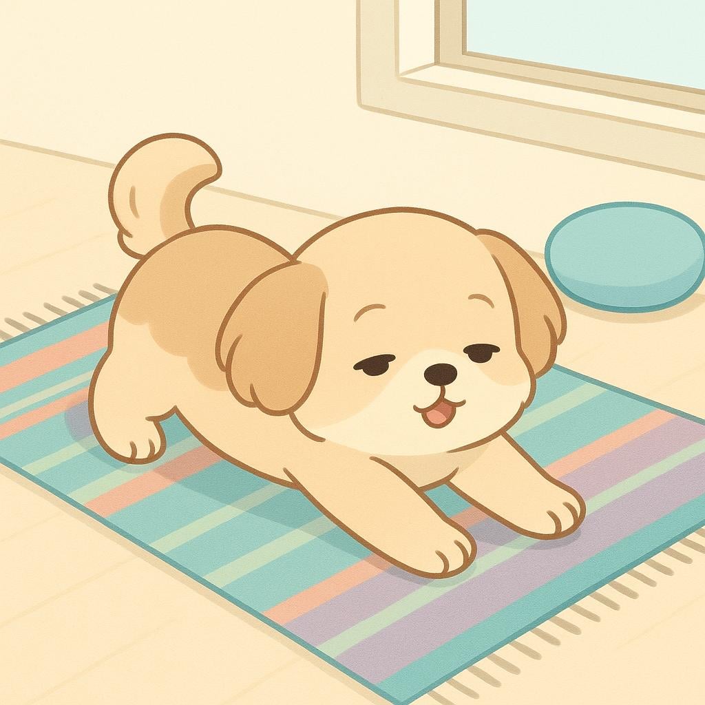 A small, fluffy dog stretching its front paws while sitting on a colorful rug, illustrating the action of waking up.