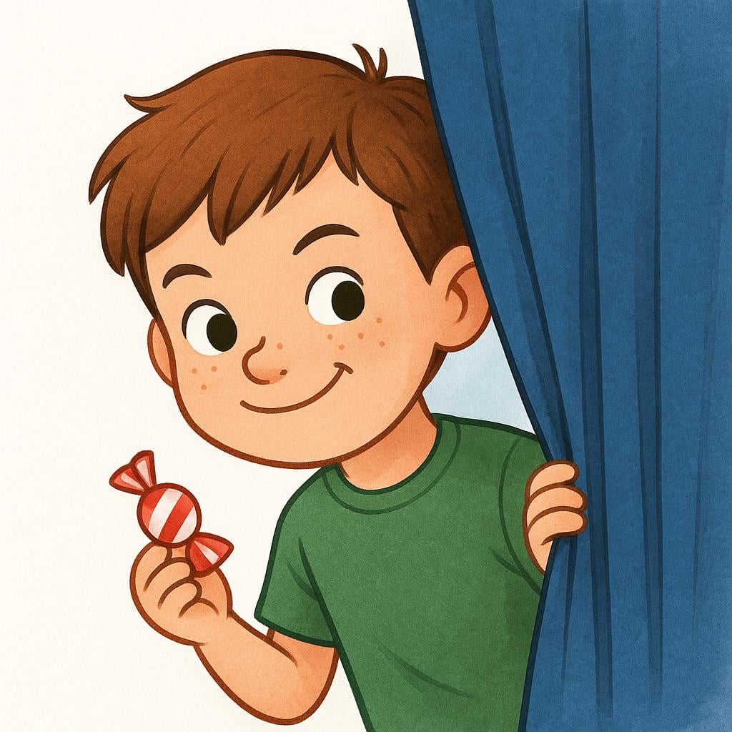 A young child with bright eyes and a mischievous smile peeking out from behind a bright blue curtain, holding a single wrapped piece of candy.