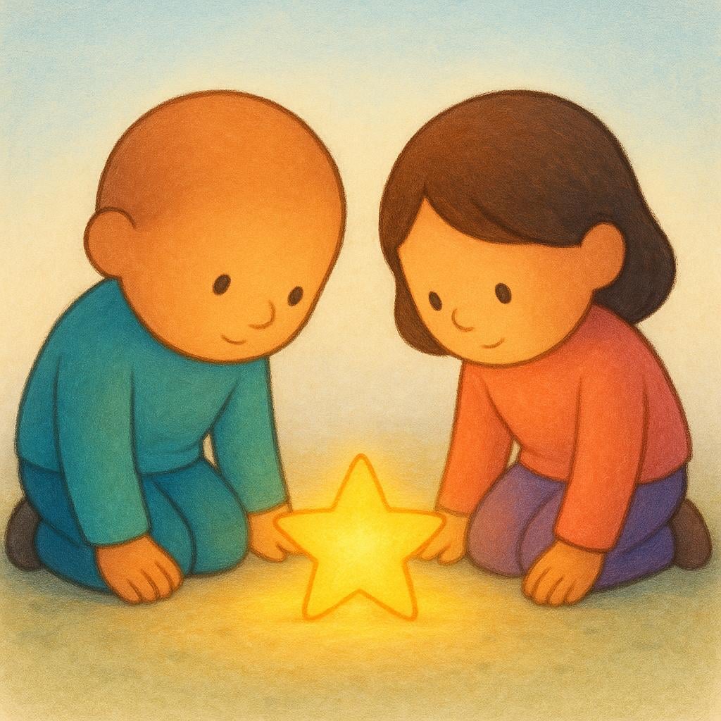 Two figures kneeling side-by-side, completely focused on a small, brightly glowing golden star resting on the ground between them, symbolizing giving importance or paying attention.