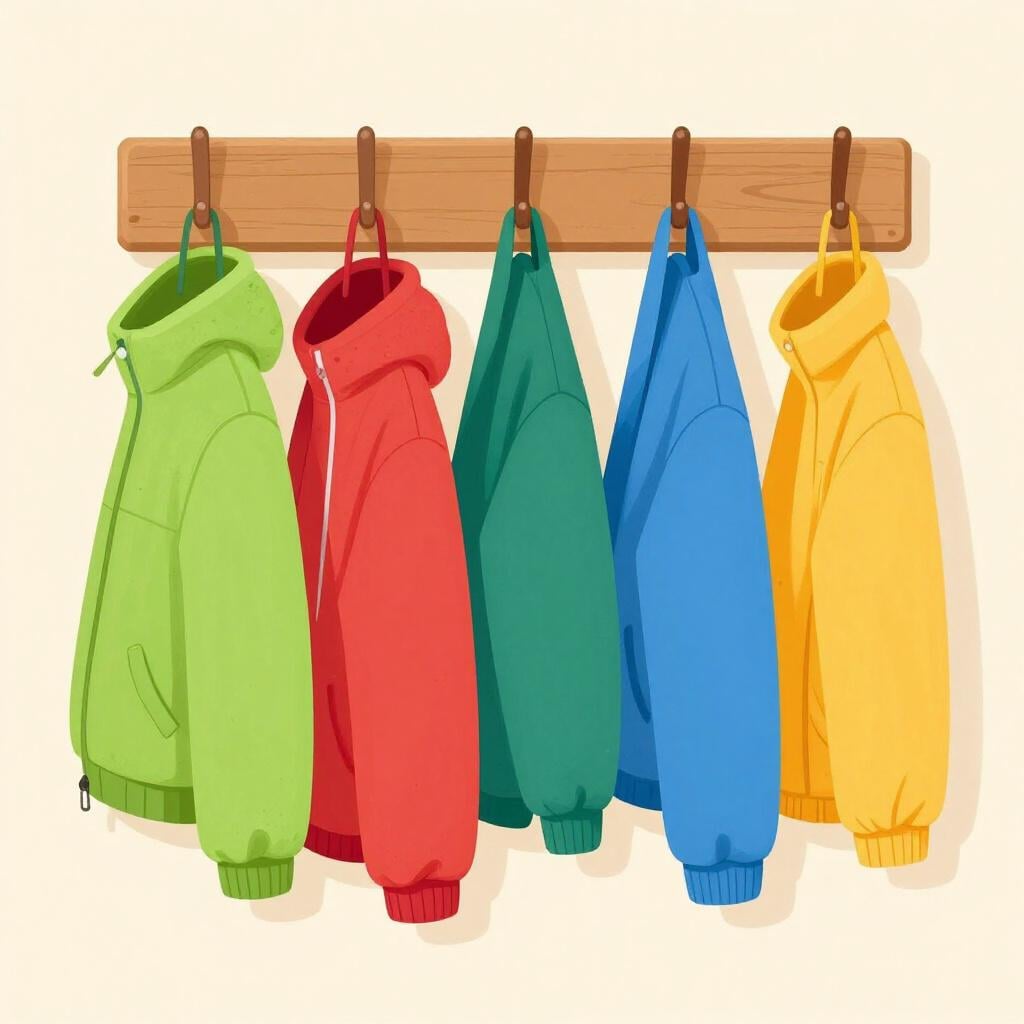 A row of colorful coats on hooks with one empty hook in the middle.