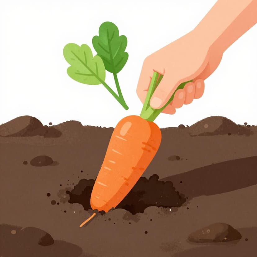 A hand pulling a single carrot out of the soil in a garden.