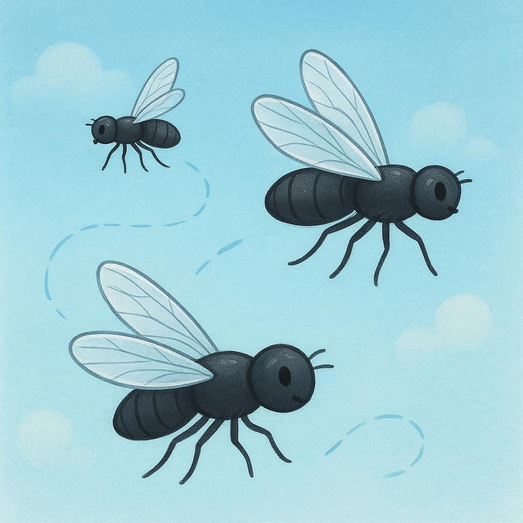 A close-up, simple illustration of three common houseflies flying together, showing their large eyes and translucent wings.
