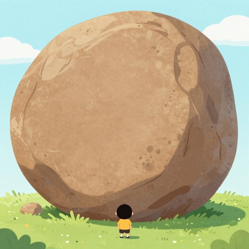 Une personne minuscule à côté d'un rocher coloré et gigantesque qui la surplombe.