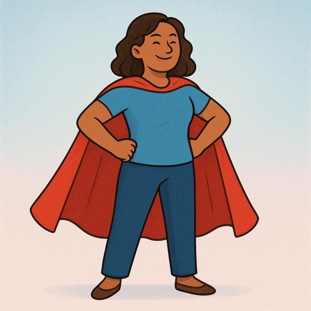 A colorful illustration of a smiling woman wearing a simple red cape, standing in a confident, heroic pose.