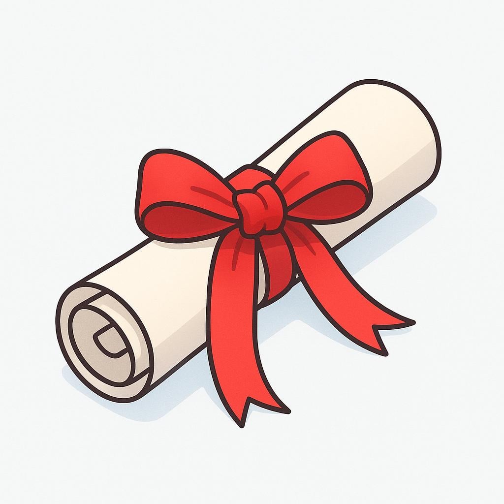 A simple, high-quality storybook illustration of a rolled-up parchment certificate tied neatly with a bright red ribbon.