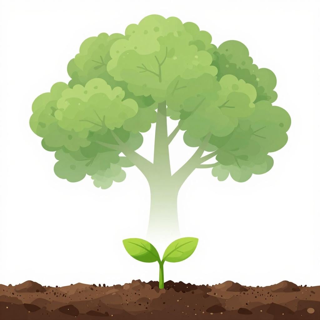 Eine farbenfrohe Bilderbuchillustration eines kleinen grünen Sprosses, der aus dem Boden wächst, mit einem schwachen, größeren durchscheinenden Bild eines ausgewachsenen Baumes darüber.