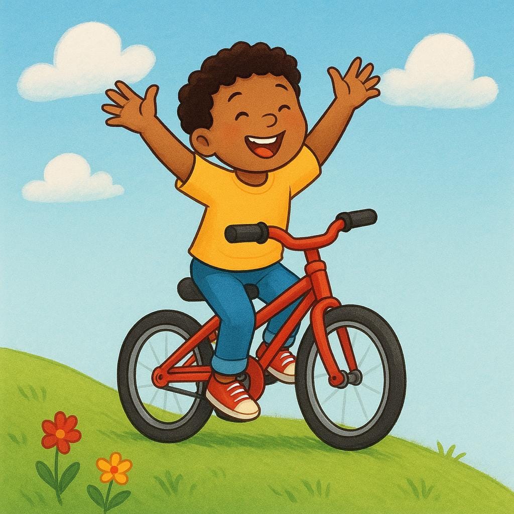 A smiling child on a bright red bicycle speeds down a grassy hill, arms raised high in a gesture of excitement.