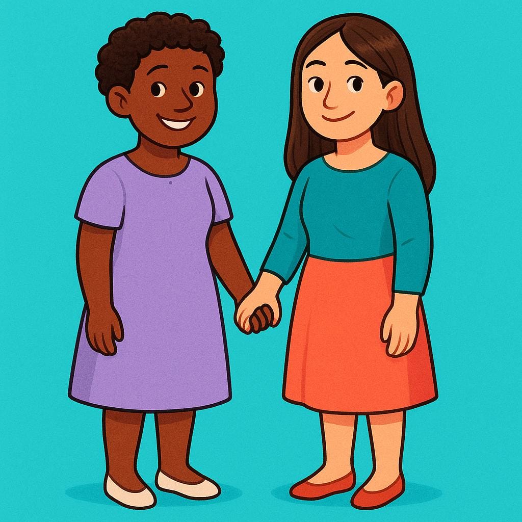 Two adult women standing close together and holding hands affectionately.
